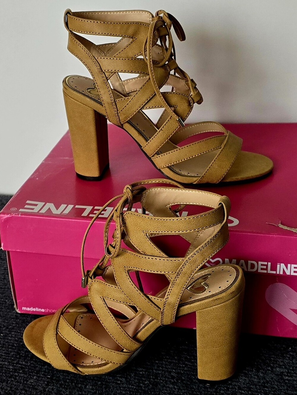 New In Box Madeline Suede Lace-Up Strappy High Heel Sandals in Tan Size 7
